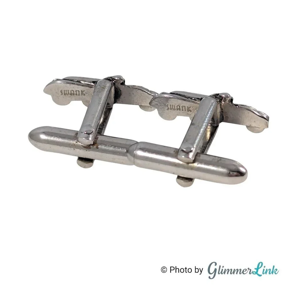 Swank Vintage Silver Tone Car Cufflinks and Tie Bar Set Automobile Design, 1960s